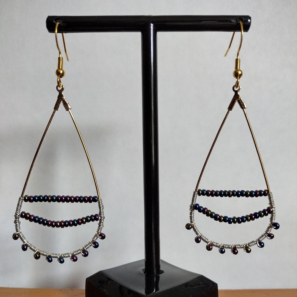 3" Silver Wire Wrapped Iridescent Purple Beaded Tear Drop Dangle S925 Earrings